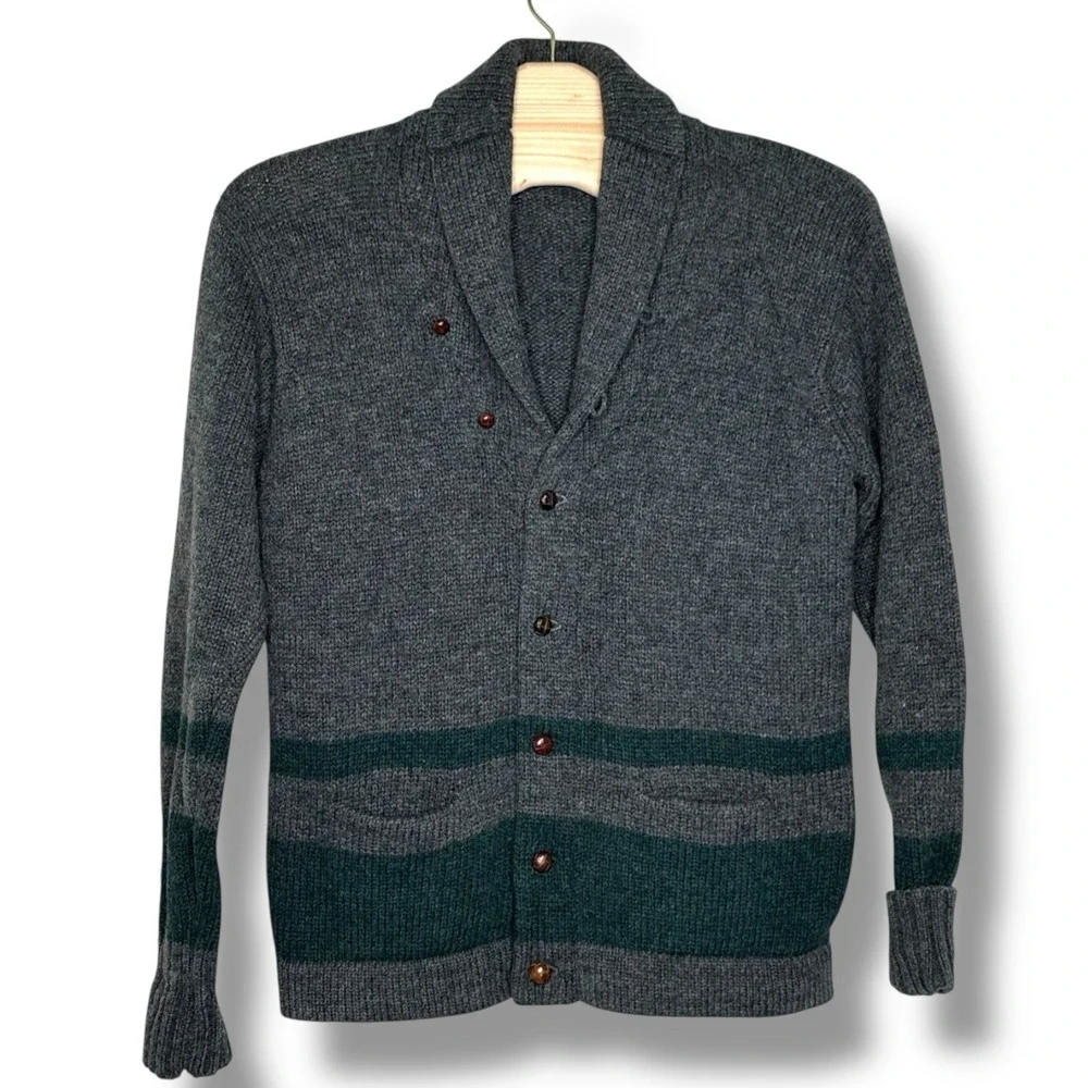 Vintage Polo Ralph Lauren Mens Varsity Wool Cardigan Sweater Gray Green‎ Stripe